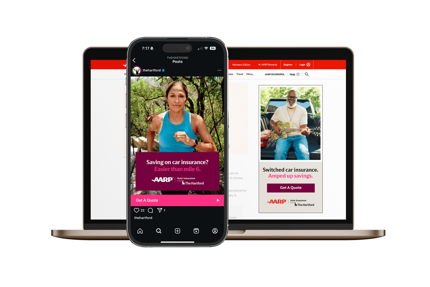 Paid social and digital display ad mockups. Saving on car insurance? Easier that mile 6. and Switched car insurance. Amped up savings.